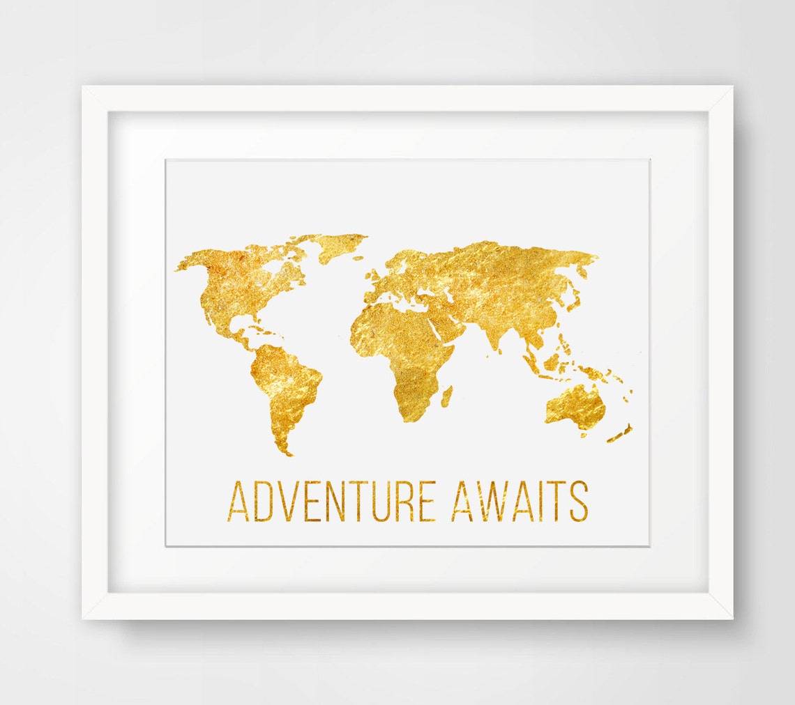 Adventure Awaits Gold Glitter World Map Travel Quote Wanderlust Poster