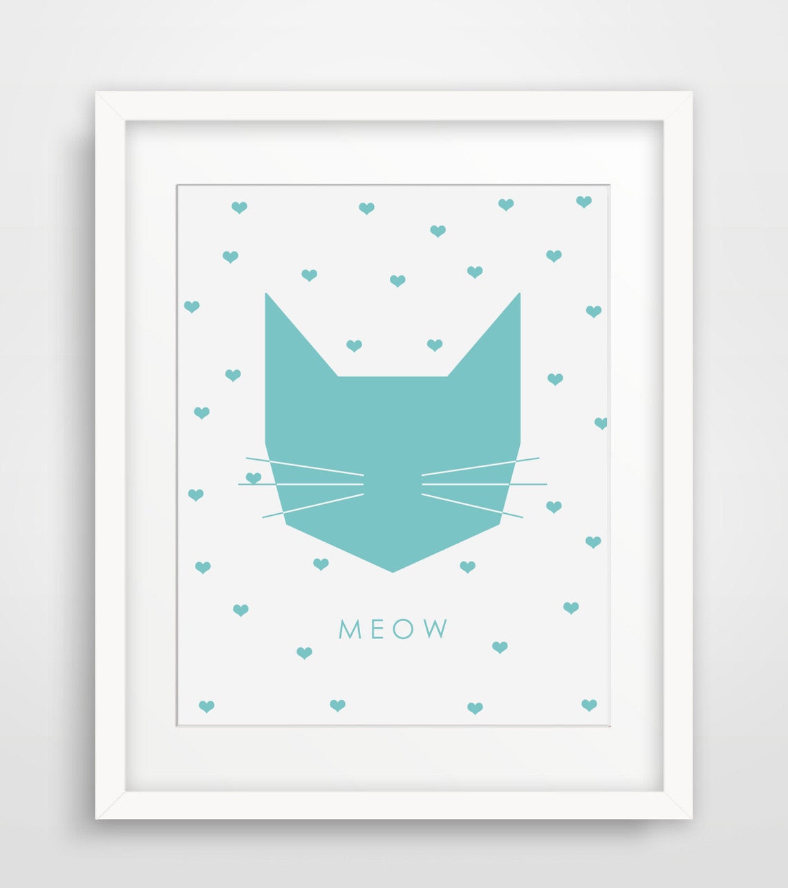 Turquoise Geometric Cat Face Meow Hearts Modern Nursery Wall Art Print - Image 2