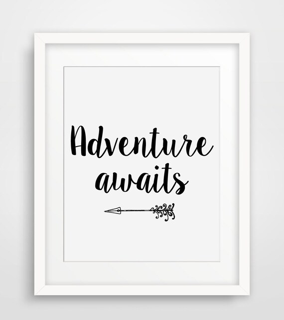 Adventure Awaits Calligraphy Arrow Black White Minimalist Quote Wall Art