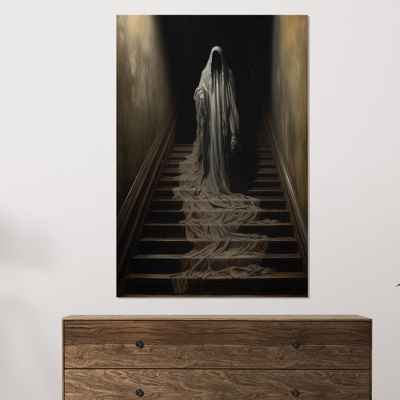 Ghost On The Stairs Painting Print Gothic Art Vintage Gothic Painting Macabre Wall Art Framed And Ready To Hang