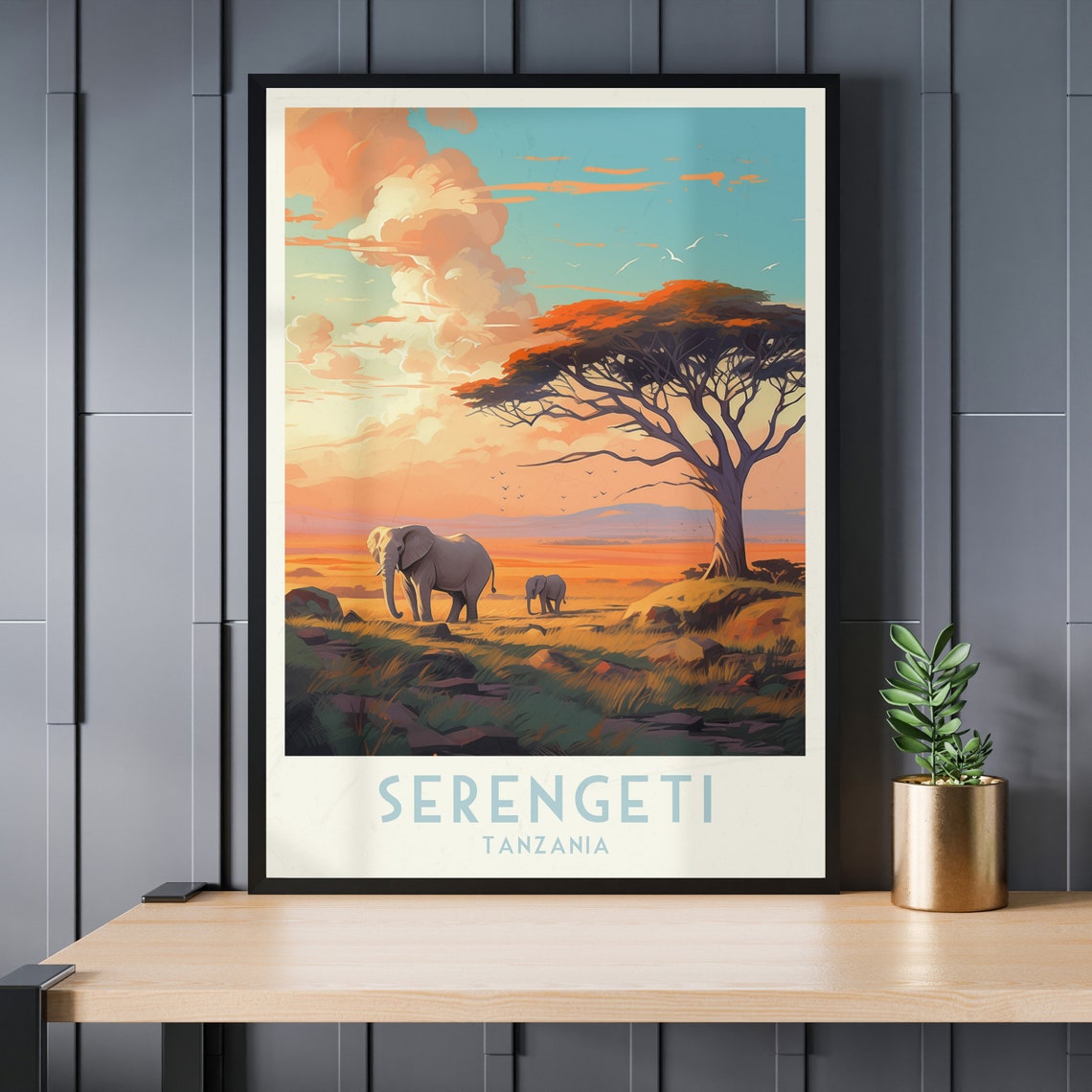 Serengeti Tanzania Elephants at Sunset Savanna Travel Poster Art - Image 3