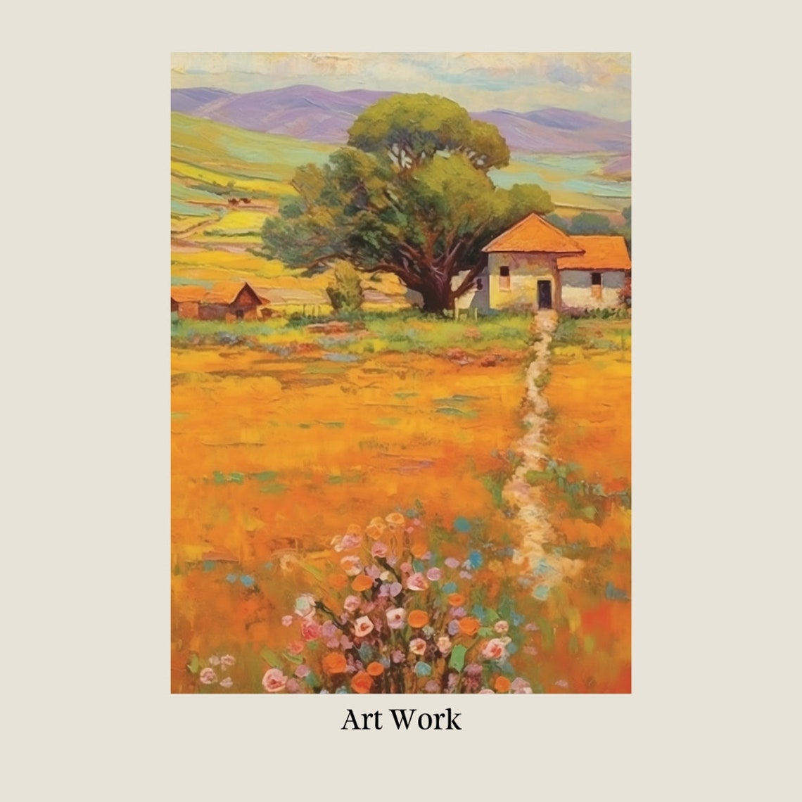 Country Farmhouse Golden Meadow Big Tree Vintage Landscape Poster - Image 2