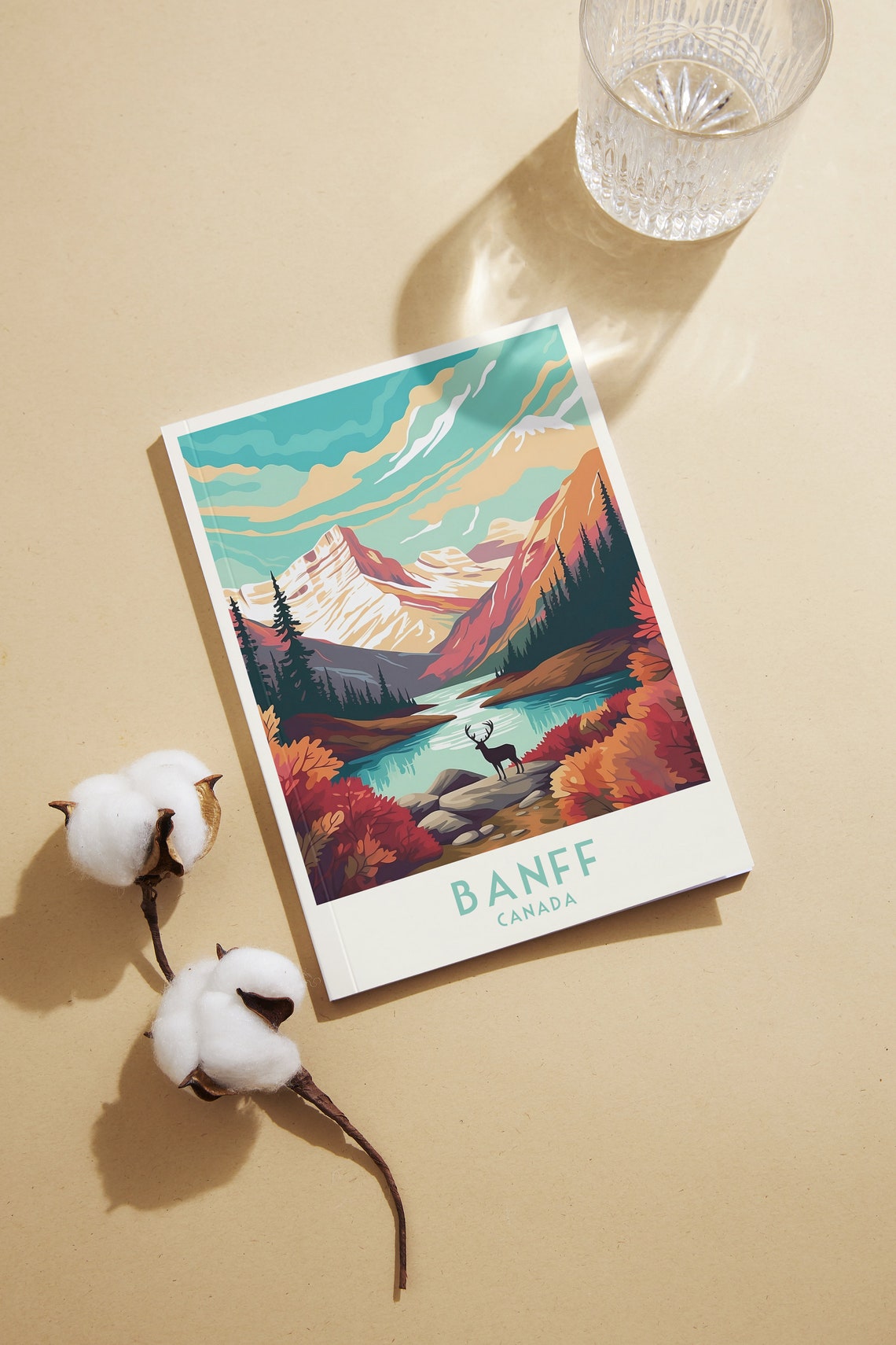 Banff Canada Vintage Autumn Mountain Lake Deer Silhouette Poster - Image 2