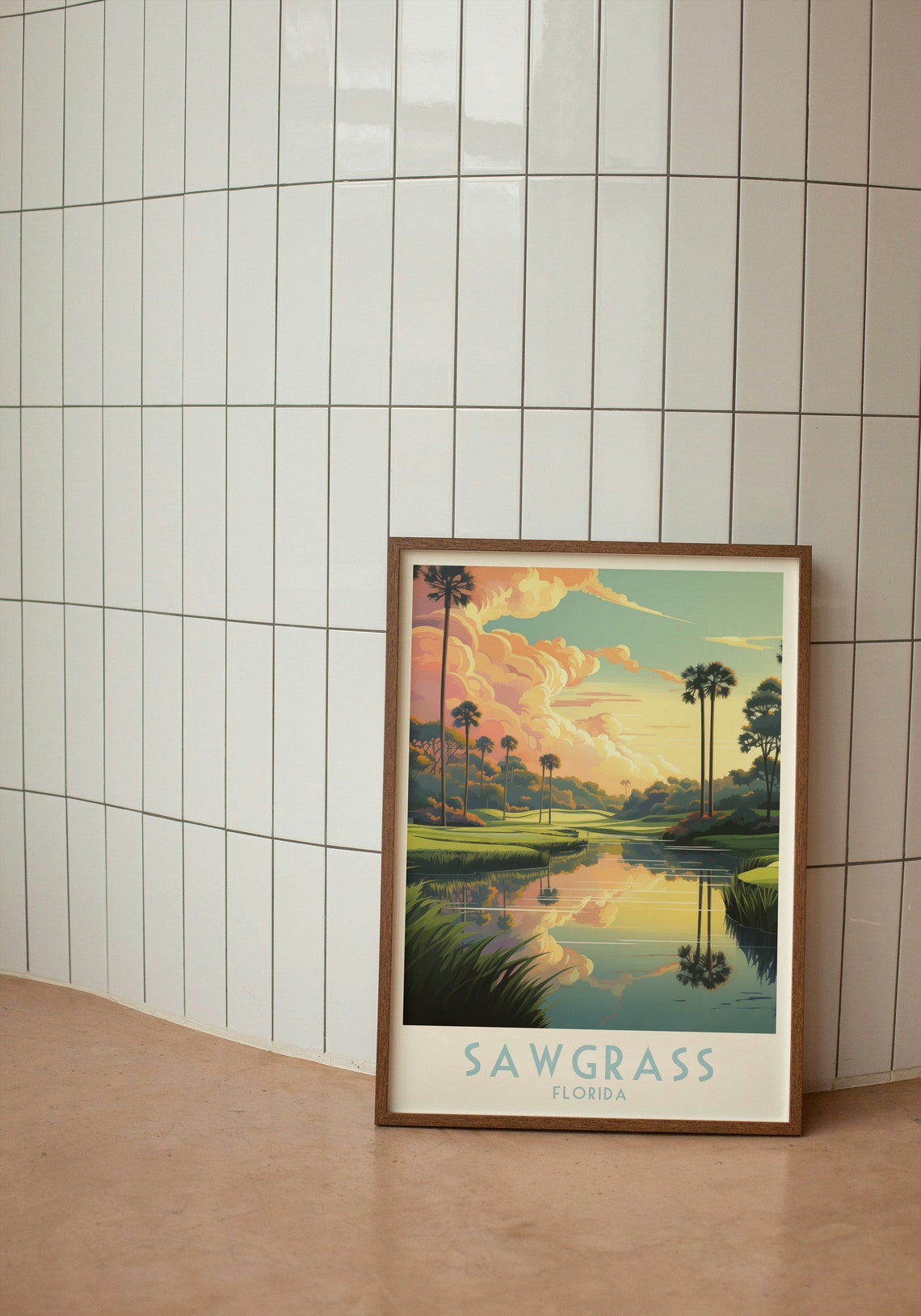 Sawgrass Florida Palm Lake Reflection Morning Golf Course Poster - Image 2