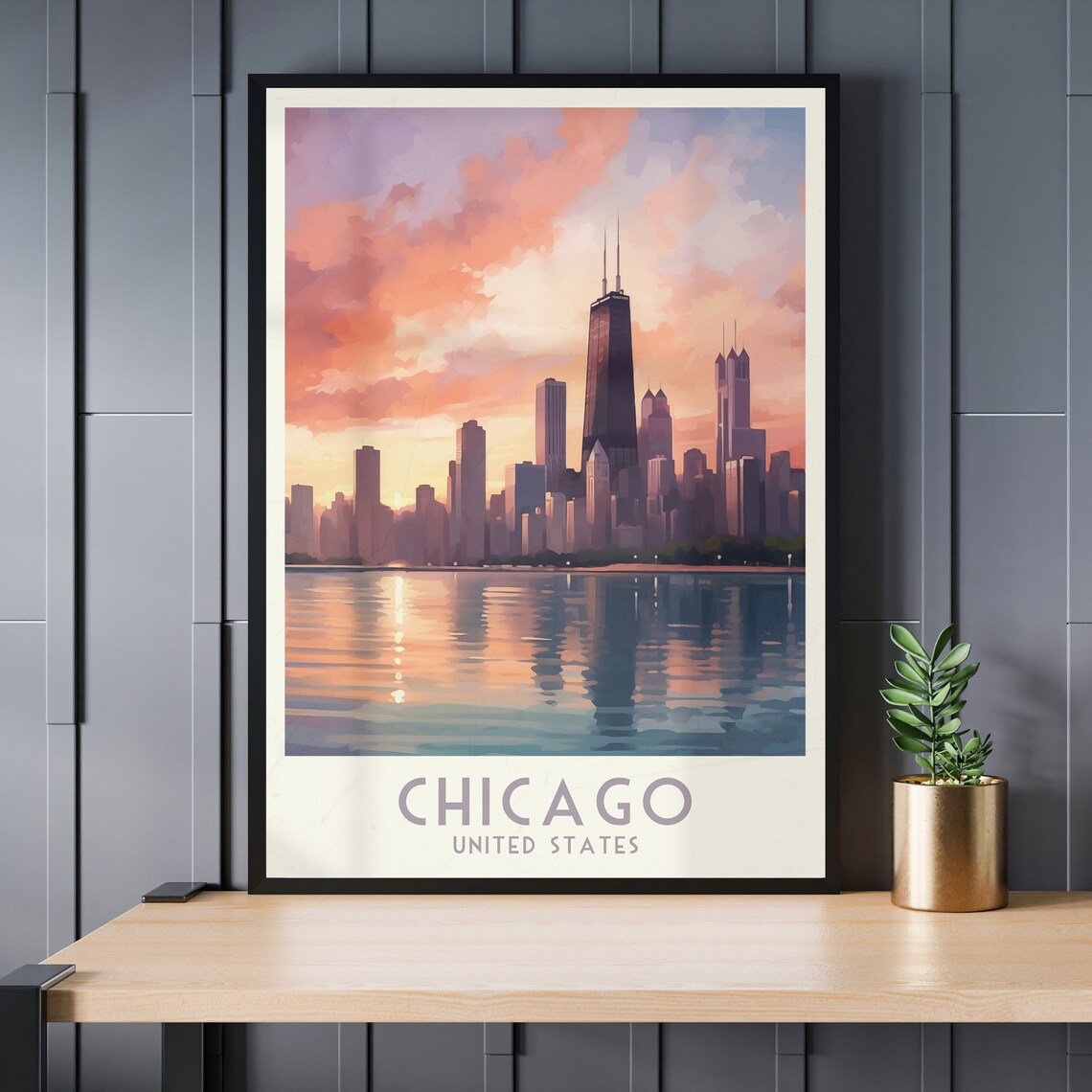 Chicago Sunset Skyline Over the Water Vintage Retro Travel Poster - Image 3