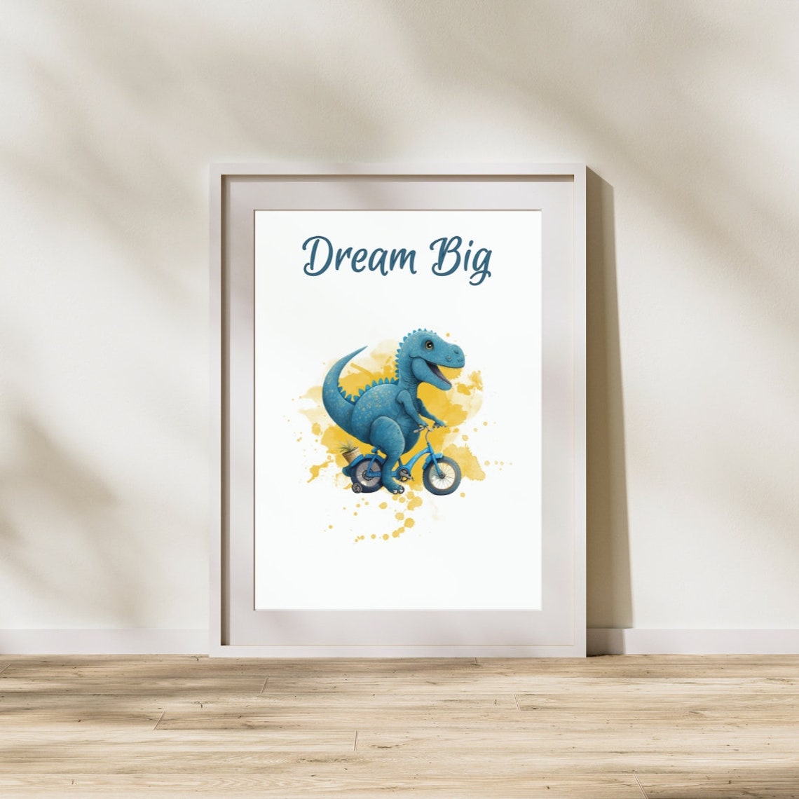 Dream Big Cute Baby Dinosaur Riding Bicycle Nursery Quote Poster - Image 3