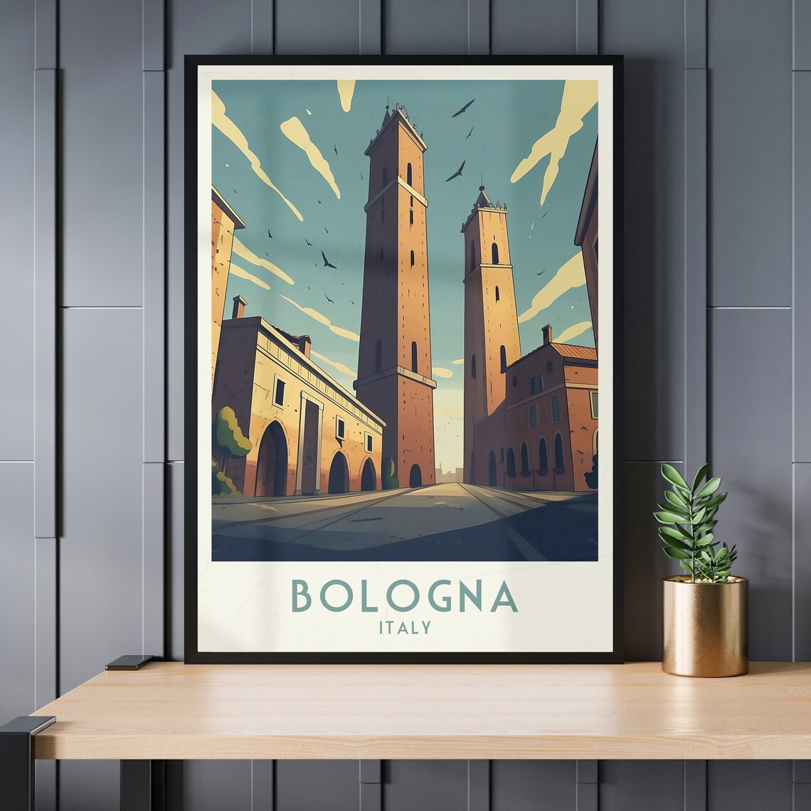 Bologna Two Towers Medieval Street Birds Vintage Italy Travel Poster - Image 3