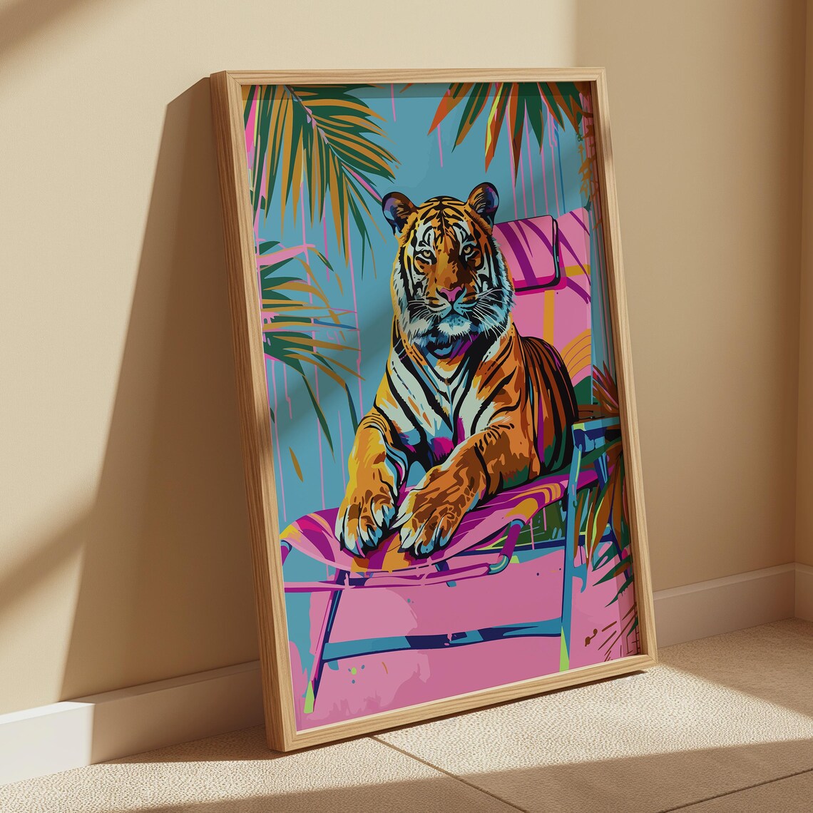 Tiger on Pink Beach Lounger Palm Leaves Tropical Maximalist Poster - Image 4