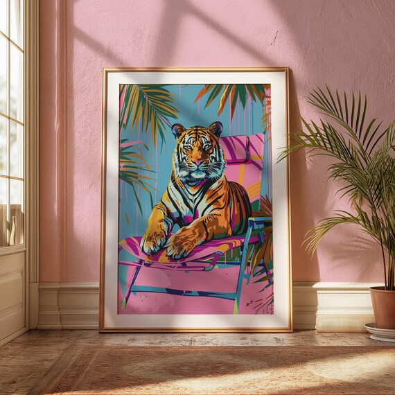 Tiger on Pink Beach Lounger Palm Leaves Tropical Maximalist Poster
