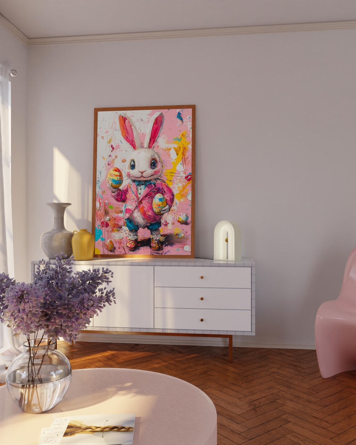 Dapper Bunny in Pink Blazer Holding Painted Easter Eggs Poster - Image 2