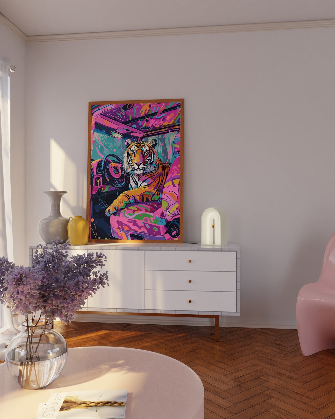 Neon Tiger Driving a Pink Graffiti Painted Car Interior Poster - Image 2