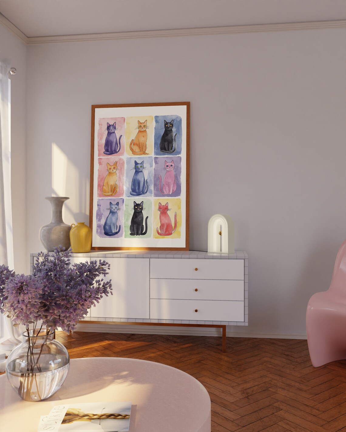 Nine Watercolor Cats in a Pastel Grid for Cute Apartments Poster - Image 2