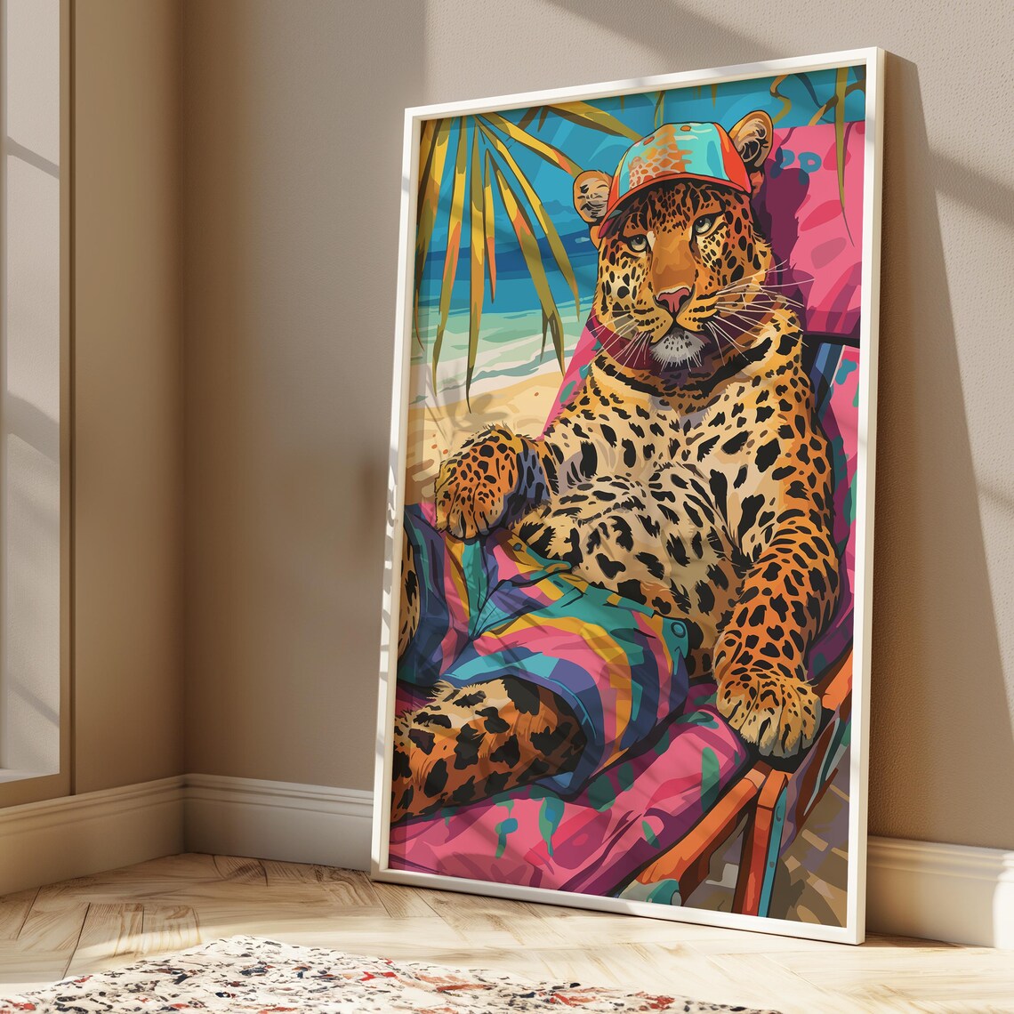 Leopard in Cap and Swim Shorts Beach Chair Tropical Funky Poster - Image 3