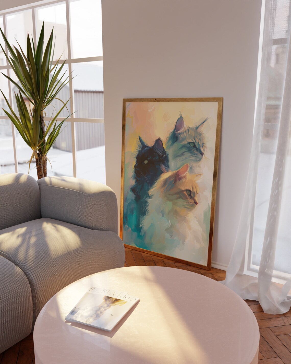 Impressionist Painting Trio of Long Haired Cats Sunset Poster - Image 4