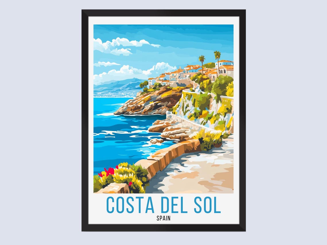 Costa Del Sol Spain Mediterranean Coastal Cliffs Vintage Travel Poster