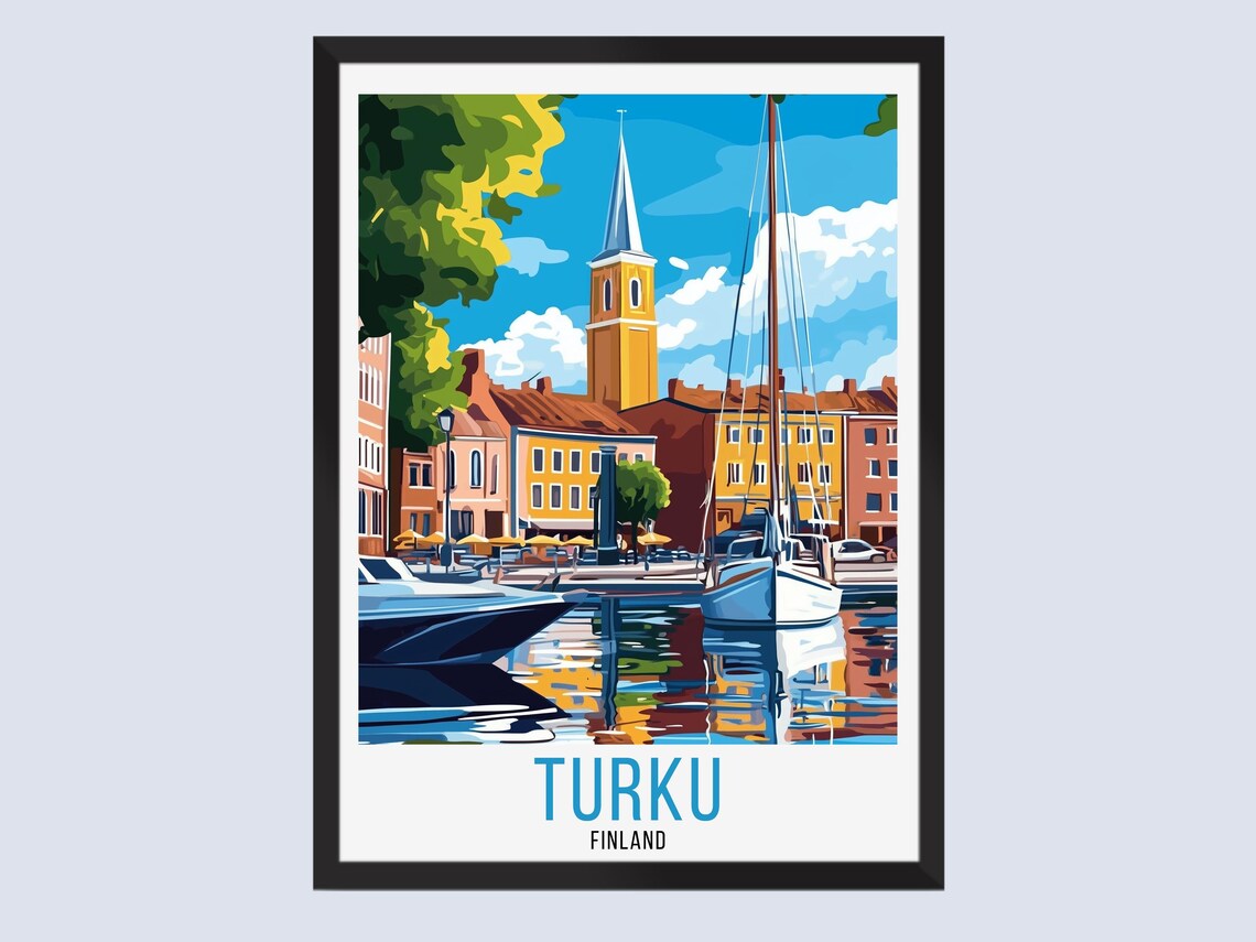 Turku Finland Summer Harbor Sailboats Old Town Travel Poster