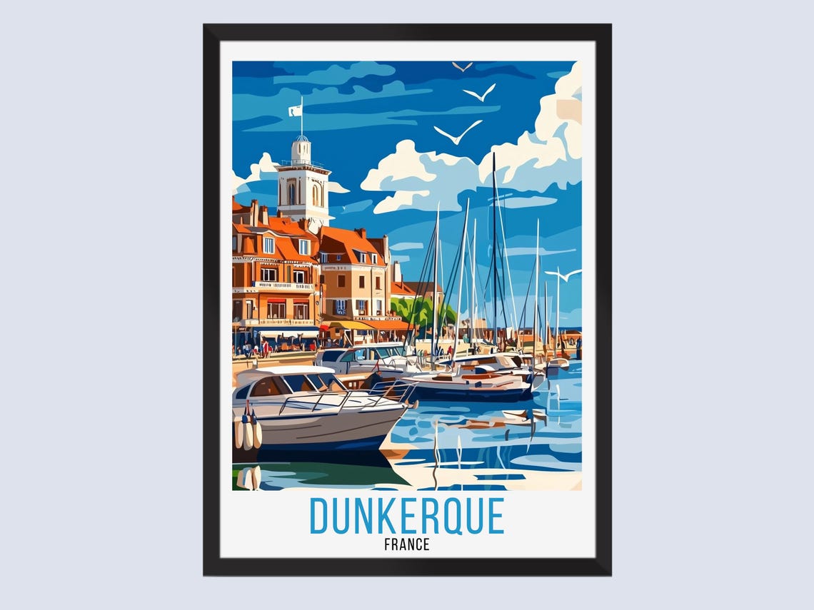 Dunkerque France Harbor Yachts Old Town Retro Marina Travel Poster