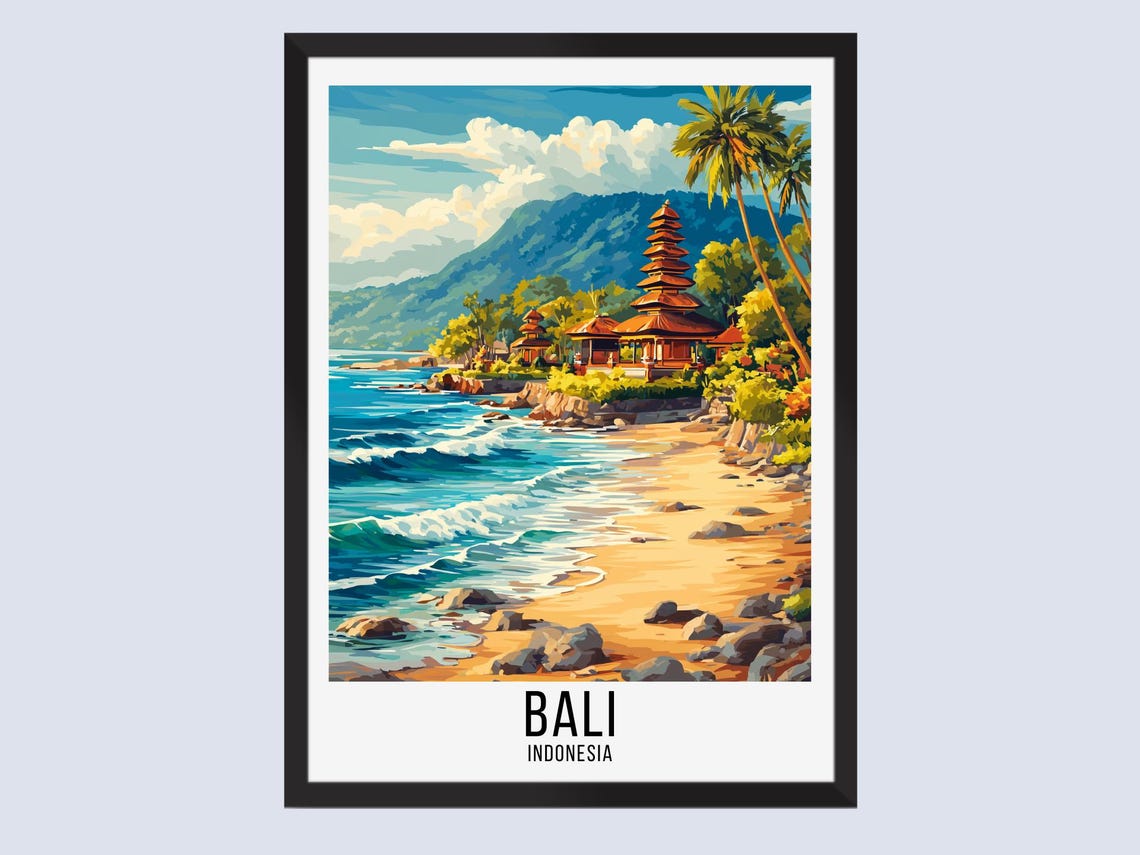 Bali Indonesia Beachfront Temple Pagoda Vintage Travel Poster