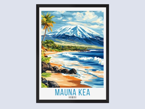Mauna Kea Hawaii Beach Snow Capped Volcano Palm Trees Retro Travel Poster