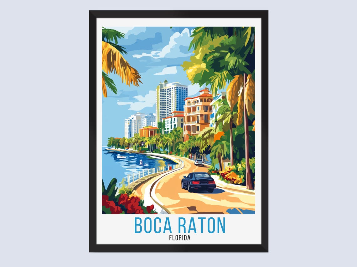 Boca Raton Florida Waterfront Skyline Curving Road Travel Poster