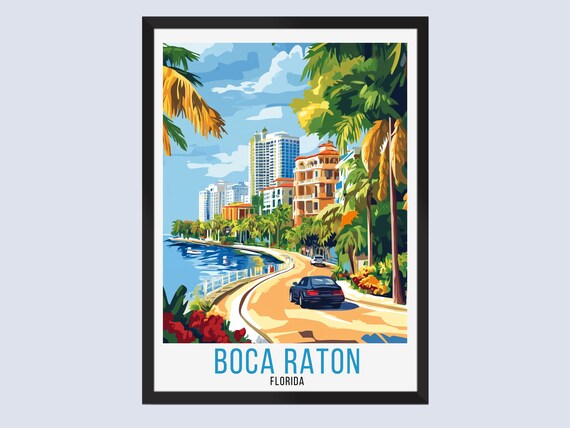 Boca Raton Florida Waterfront Skyline Curving Road Travel Poster