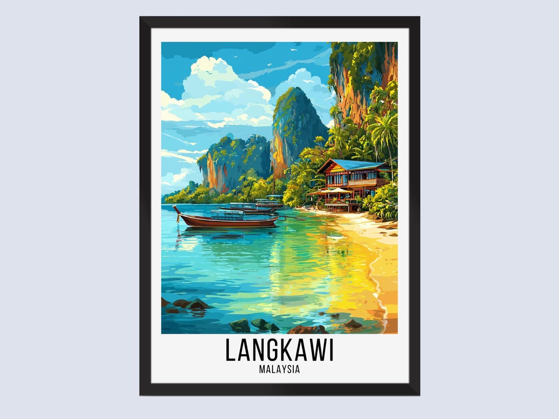 Langkawi Malaysia Limestone Cliffs Longtail Boat Beach Travel Poster