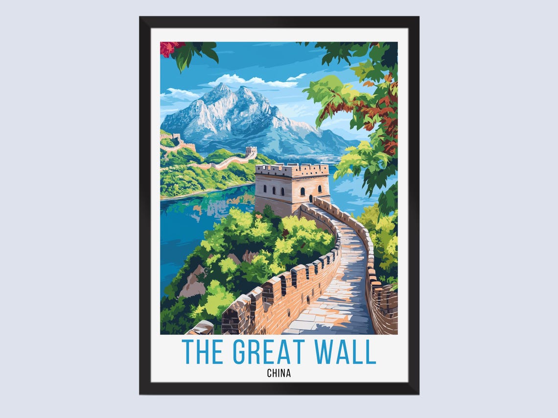 Great Wall China Watchtower Lake Mountains Green Valley Travel Poster