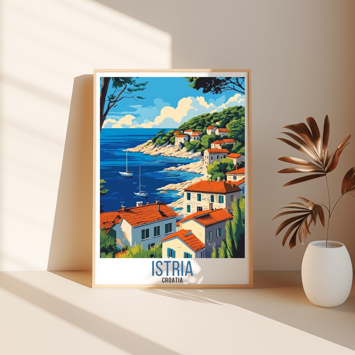 Istria Croatia Adriatic Coastal Village Sailboats Vintage Poster