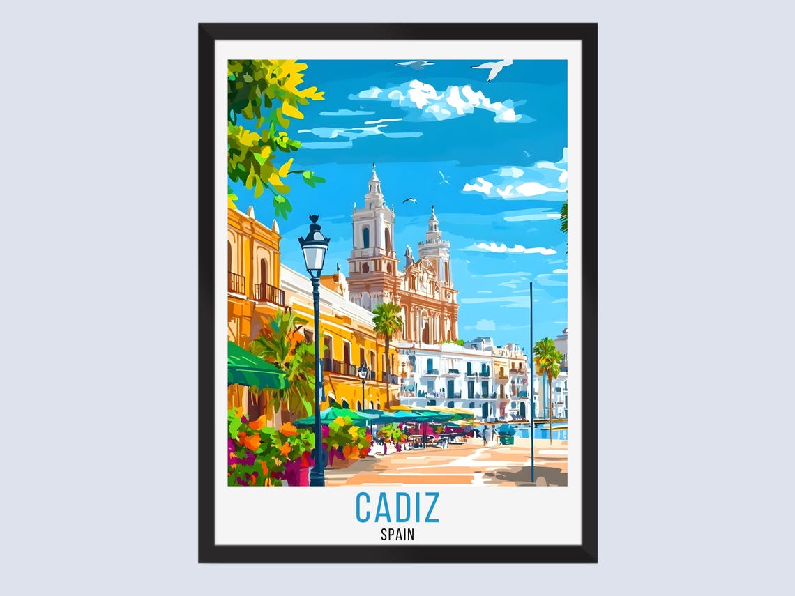 Cadiz Spain Sunny Cathedral Waterfront Promenade Travel Poster