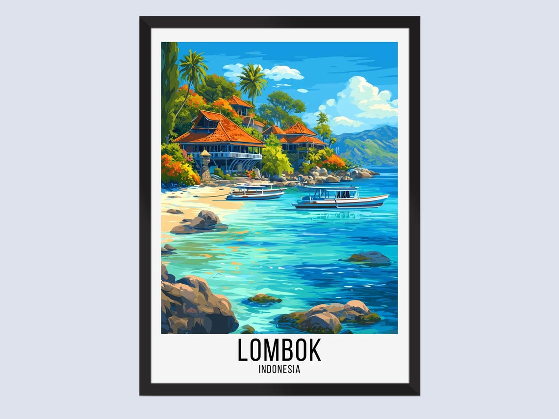 Lombok Indonesia Tropical Beach Bungalows Vintage Travel Poster