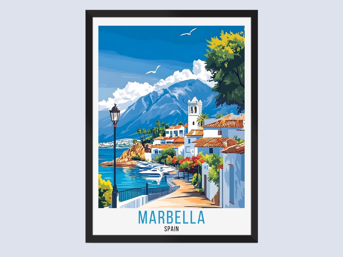 Marbella Spain Coastal Street Church Tower Seaside Travel Poster