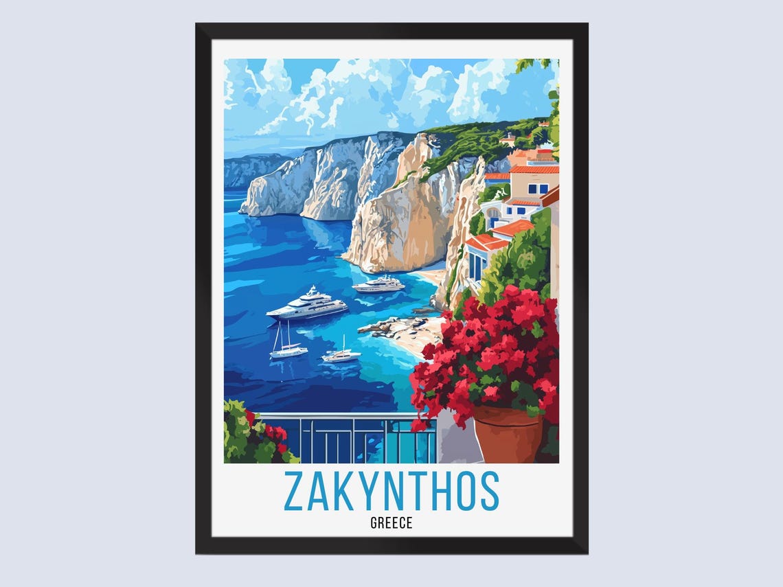 Zakynthos Greece White Cliff Bay Yachts Vintage Travel Poster