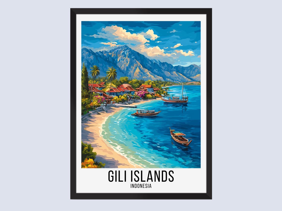 Gili Islands Indonesia Tropical Beach Vintage Style Travel Poster