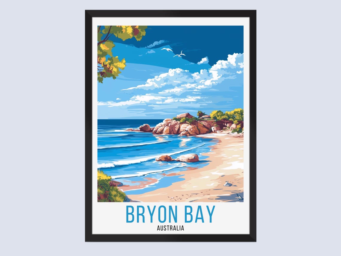 Bryon Bay Australia Rocky Beach Seagulls Retro Travel Poster Decor