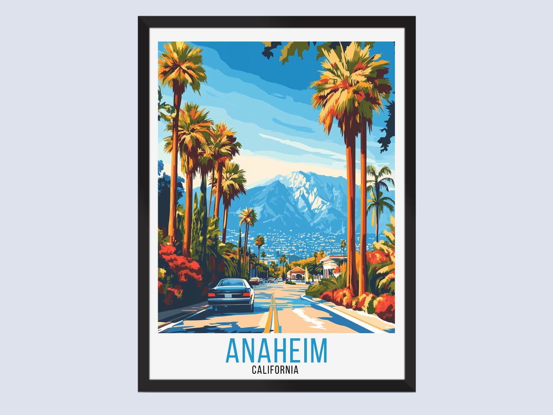 Anaheim California Travel Poster Retro Palm Street Mountain View Scene