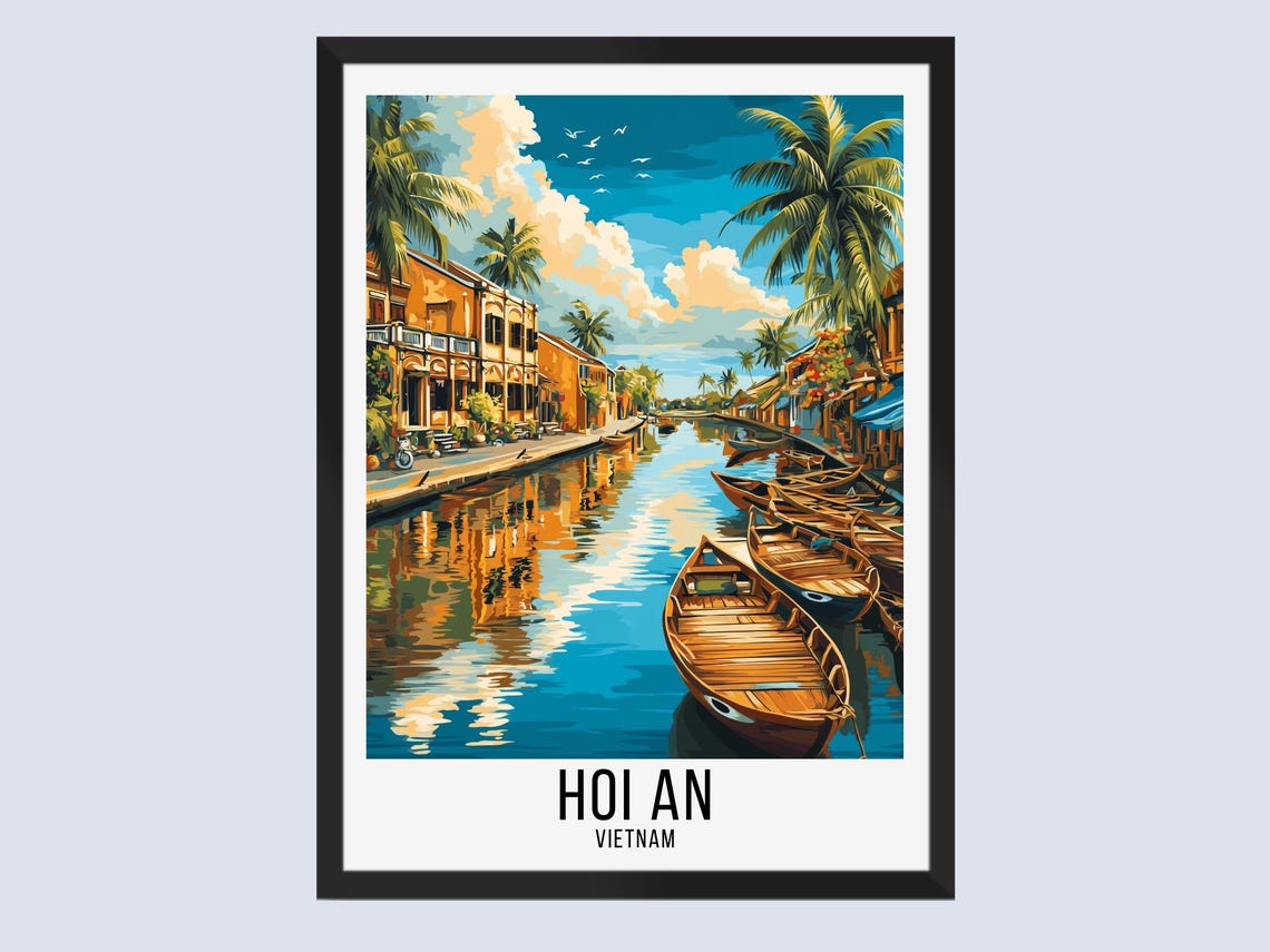 Hoi An Vietnam River Boats Old Town Vintage Style Travel Poster