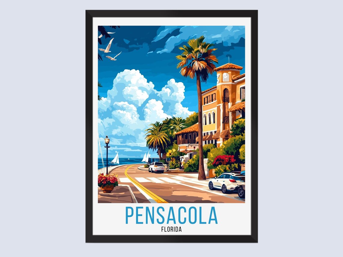 Pensacola Florida Palm Street Waterfront Vintage Travel Poster