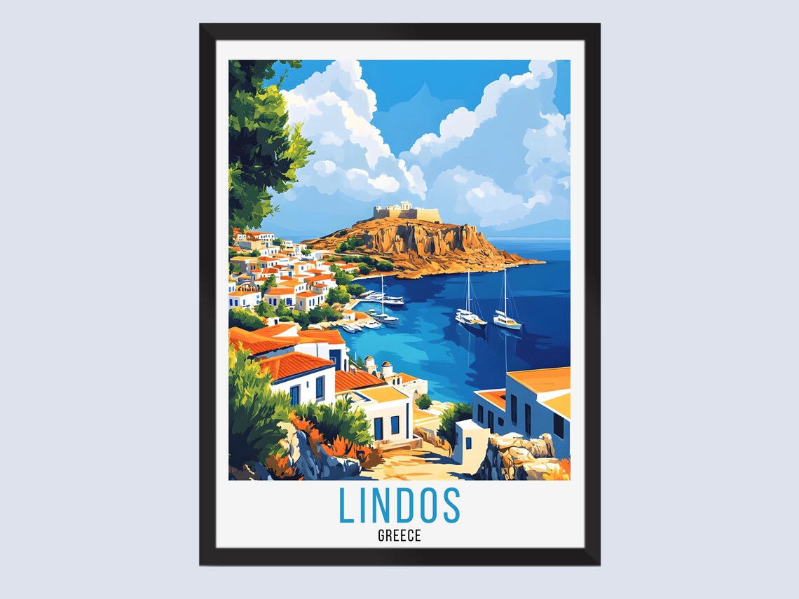 Lindos Greece Hilltop Fortress Bay Sailboats Village Travel Poster