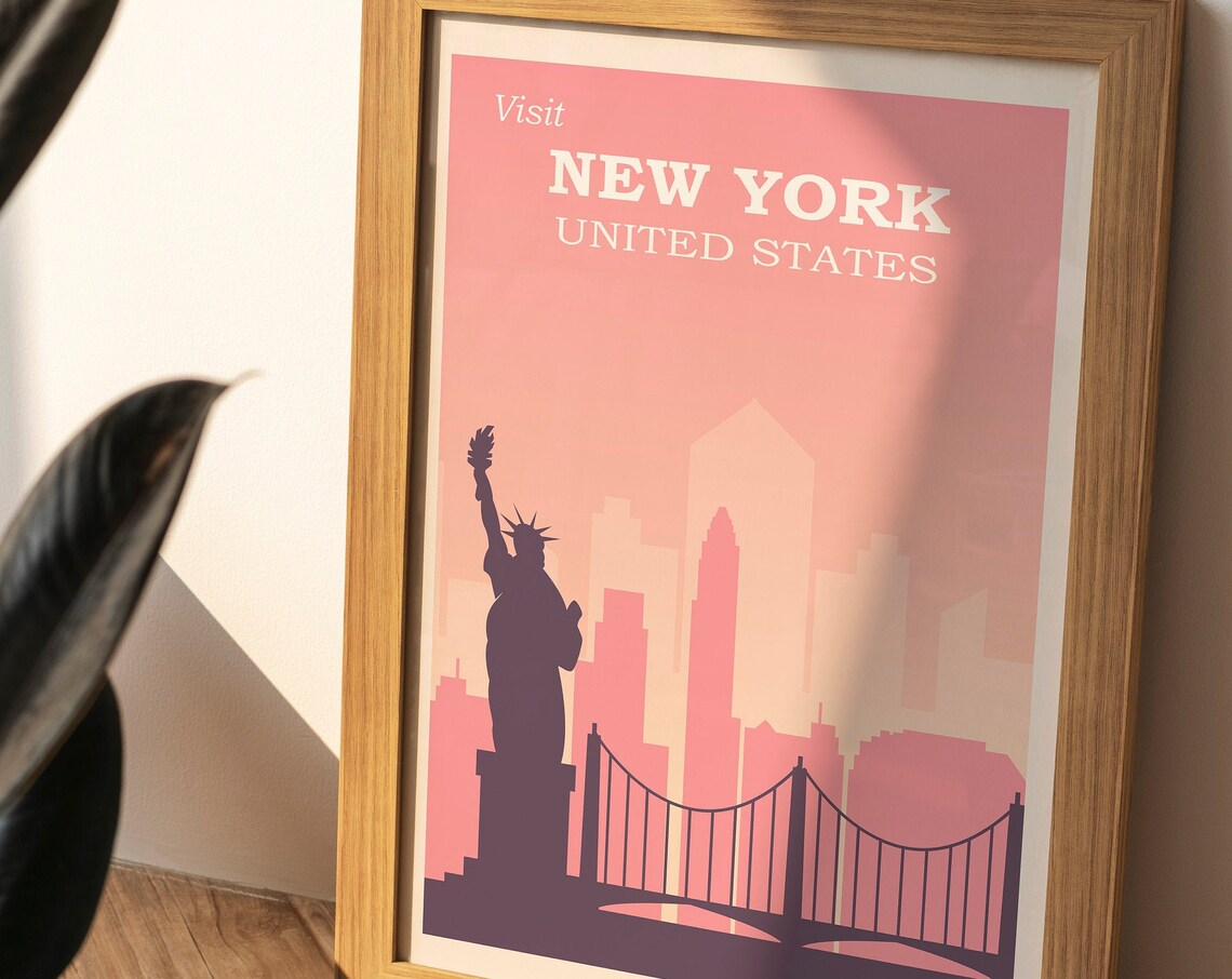 New York Pink Retro Statue of Liberty Skyline Travel Art Poster - Image 2
