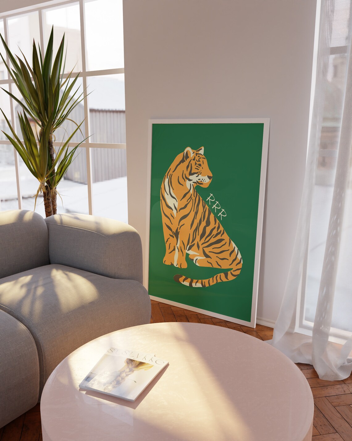 Green Orange Sitting Tiger RRR Jungle Bold Animal Art Poster - Image 2