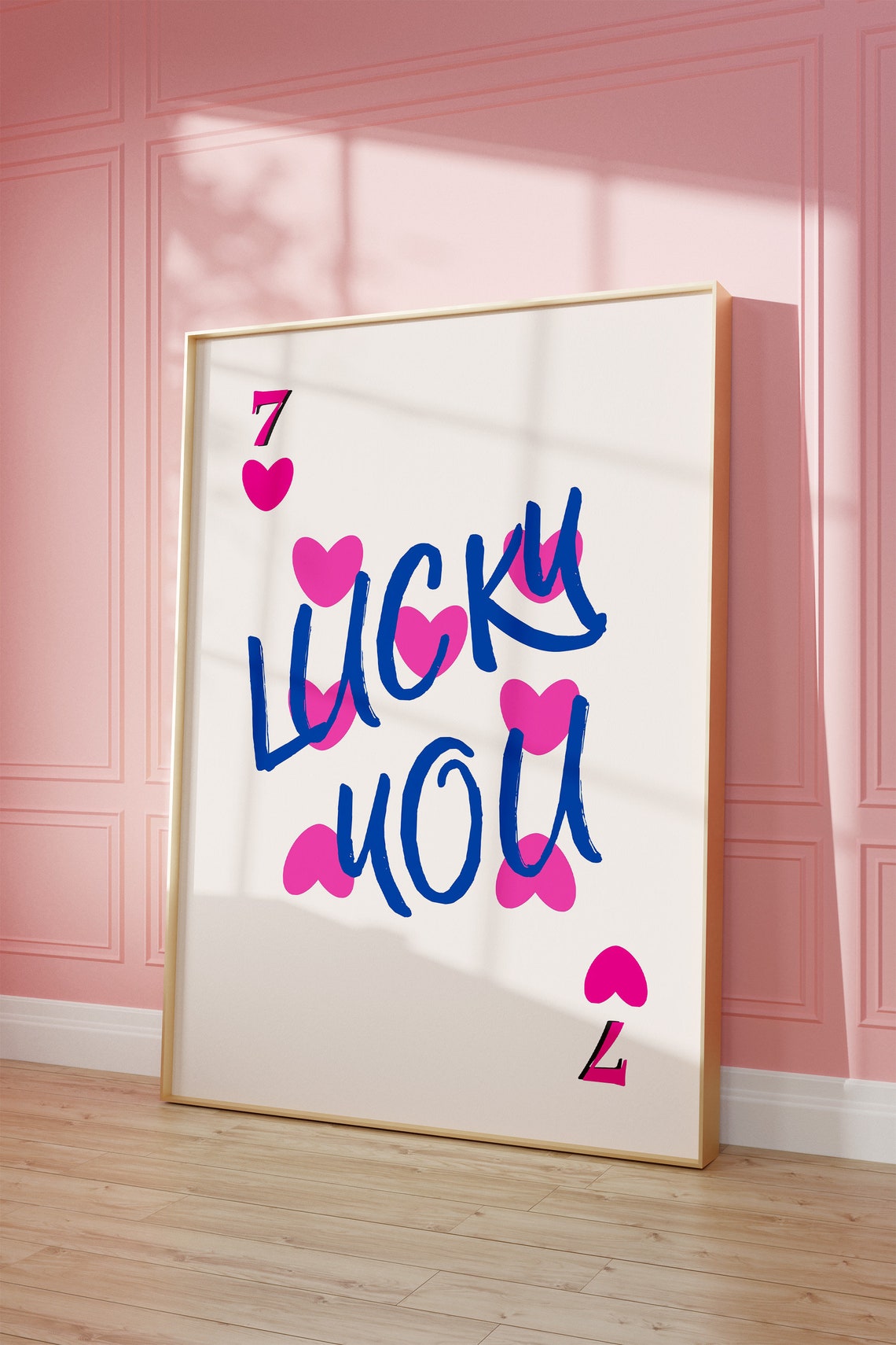 Lucky You Pink Hearts Romantic Blue Script Seven Card Poster - Image 2