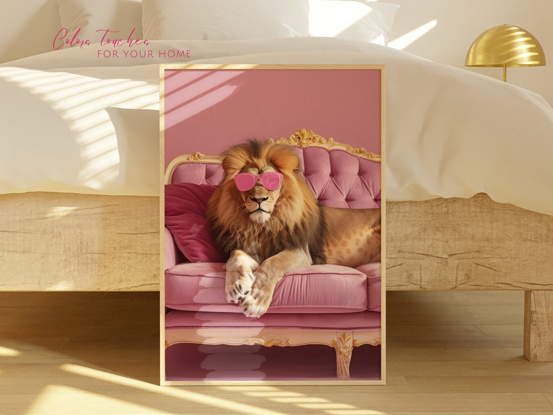 Lion Pink Sunglasses Velvet Sofa Funny Wildlife Portrait Poster - Image 2