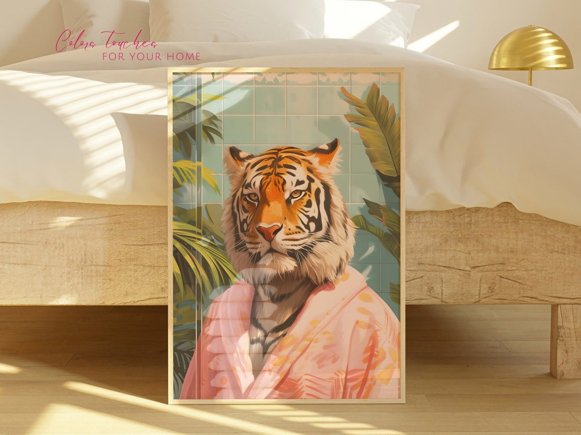 Tiger Pink Robe Tropical Portrait Funny Wildlife Bathroom Poster - Image 2