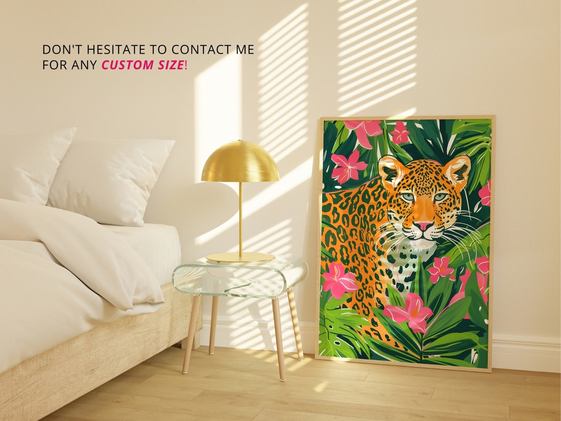 Leopard Tropical Leaves Pink Flowers Bold Wildlife Jungle Poster - Image 2