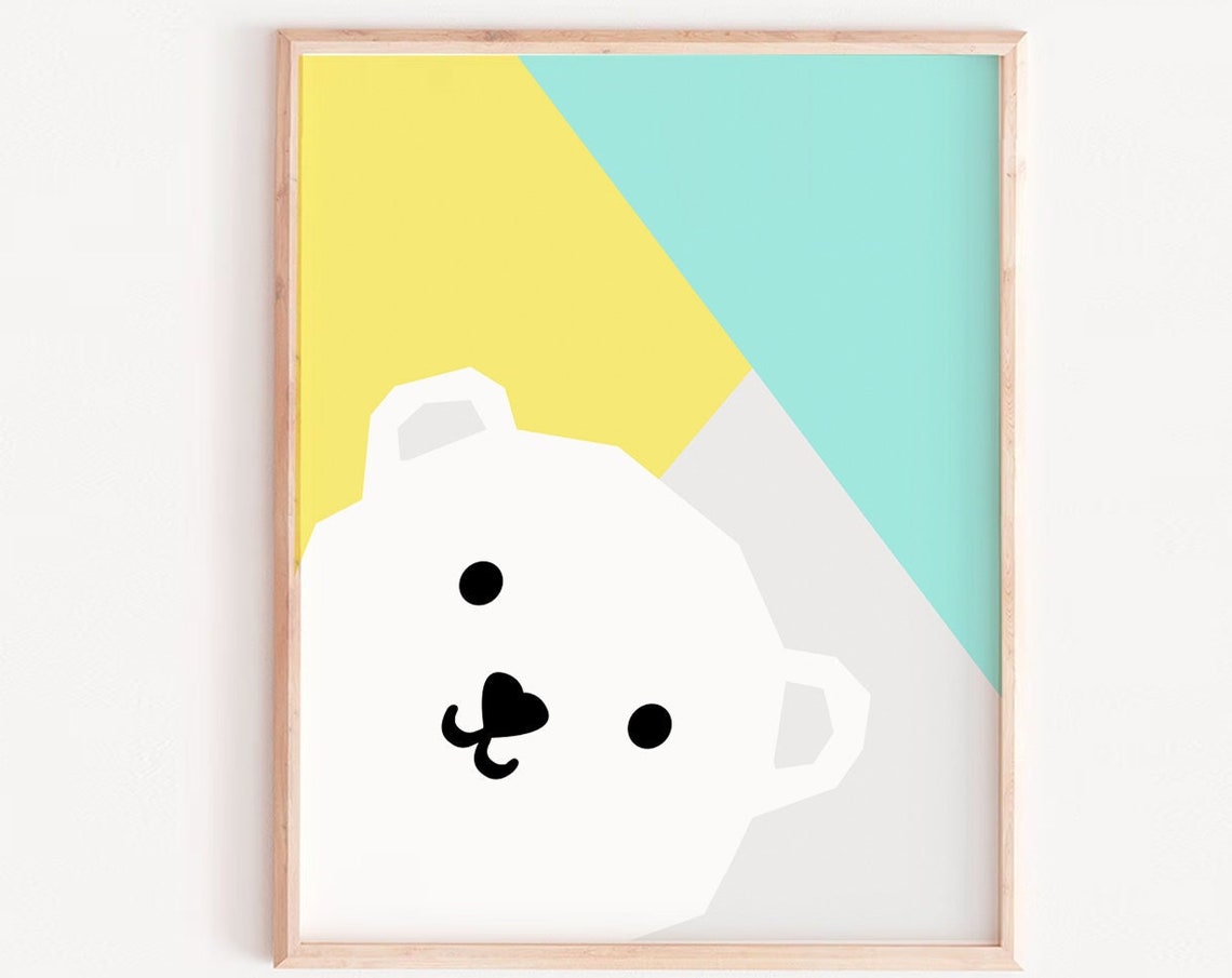 Geometric White Bear Face Modern Color Block Baby Nursery Poster