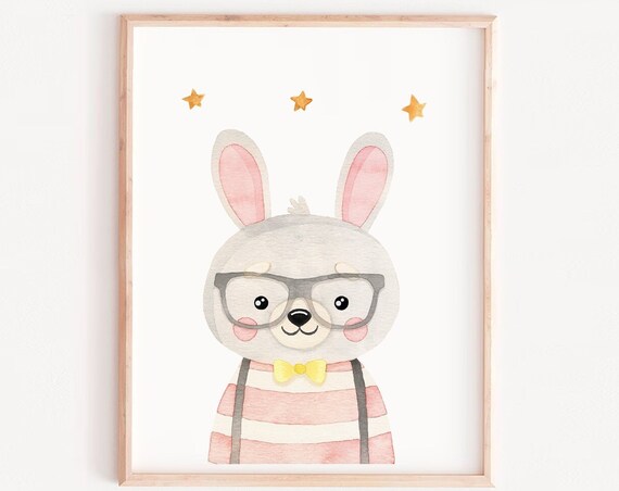 Cute Bunny with Glasses and Bow Tie Watercolor Nursery Art Poster