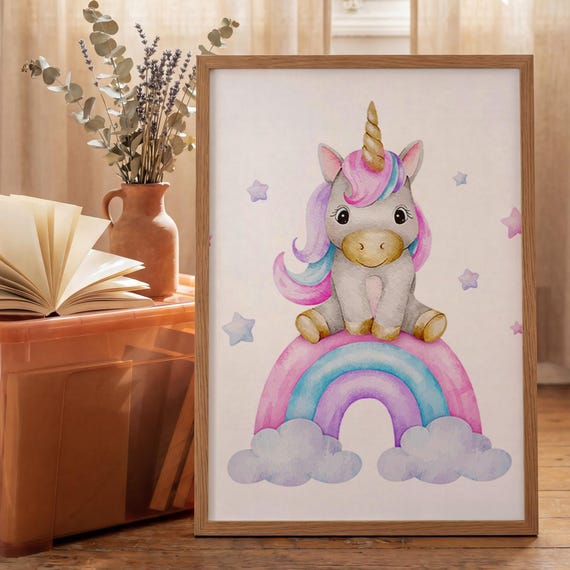 Unicorn Print For Girl Bedroom Pink Rainbow Nursery Poster Boho Wall Art