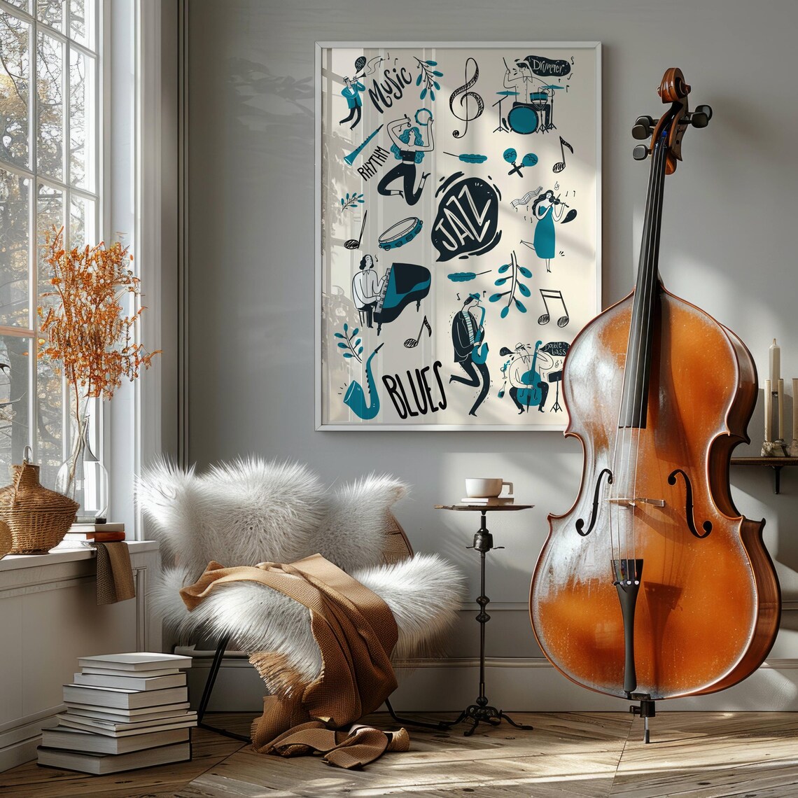 Jazz Blues Music Doodle Art Saxophone Piano Drummer Sketch Wall Art - Image 4