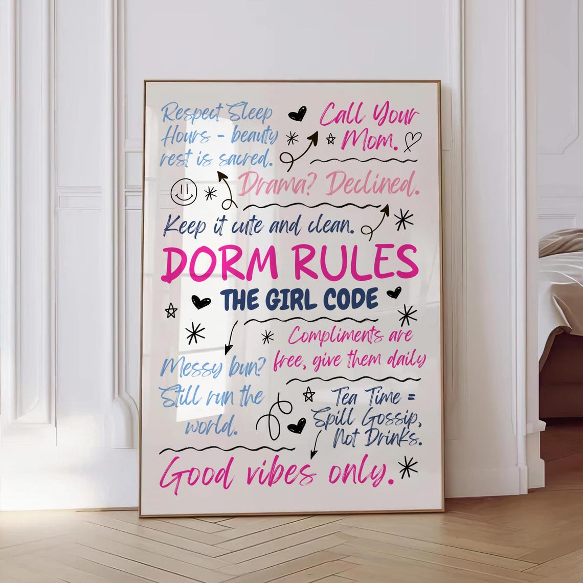 Dorm Rules The Girl Code Quote Poster Pink Dorm Room Wall Decor