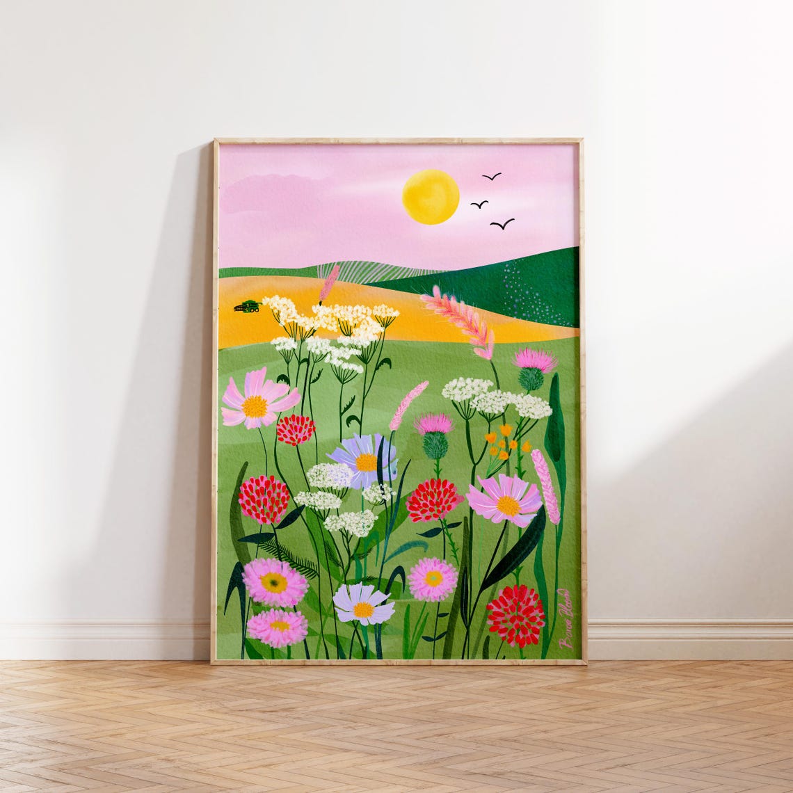 Whimsical Pink Meadow Wildflower Landscape Sunny Floral Art Poster - Image 8